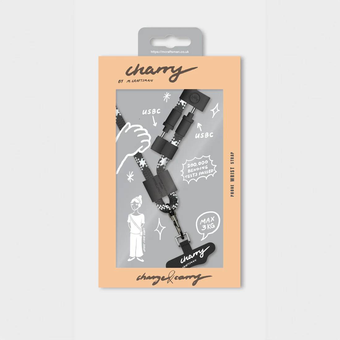 M.Craftsman Charry 2 in 1 Charging Cable + Phone Strap (USB C-C) - Black & White, , large image number 4