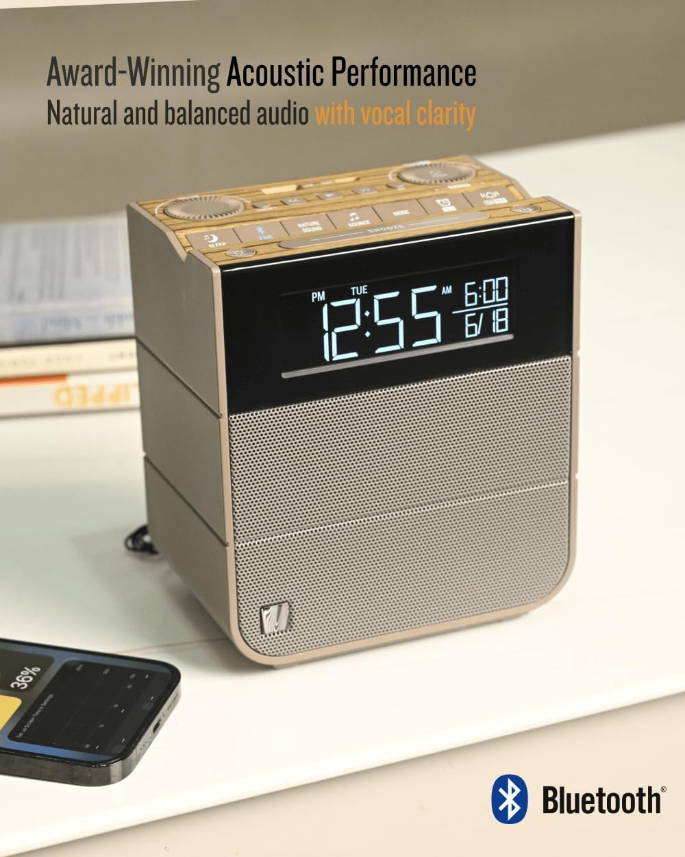 SOUNDFREAQ Sound Rise II Wireless Speaker & Alarm Clock Wood Taupe, , large image number 2