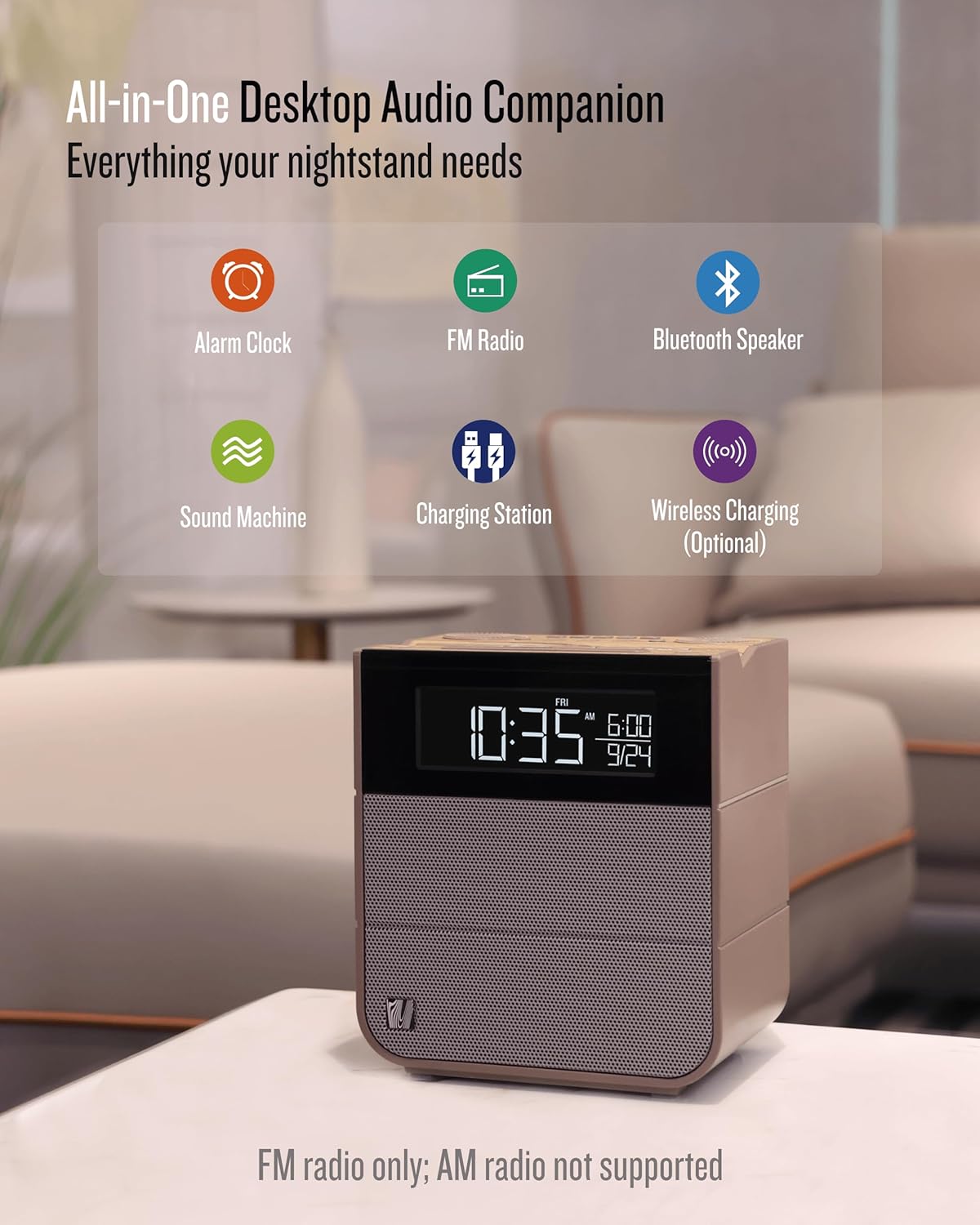 SOUNDFREAQ Sound Rise II Wireless Speaker & Alarm Clock Wood Taupe, , large image number 1